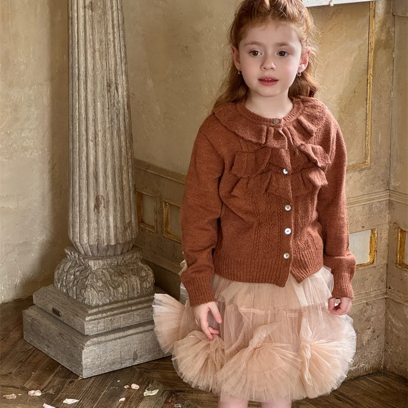 

Girls Sweater 2025 Autumn and Winter New Children's Clothing Girls Baby Lotus Leaf Lace Cardigan Sweater Jacket Casual Simple