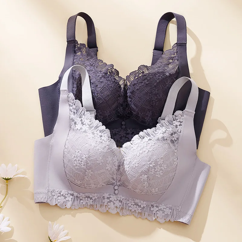 Women Bra No Glue Bone No Underwire Bra Lace Small Chest Gathering Medium Thick Modal Four-row Bra