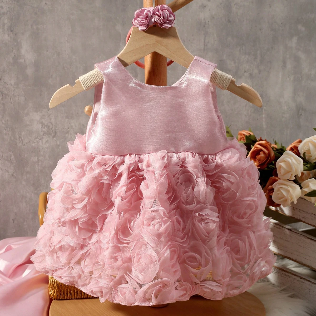 Ylsteed 2 Piece Set Dusty Pink Baby Girl Big Bowknot Rose Dress for Shooting Newborn  Photography Outfits Evening Party Dresses