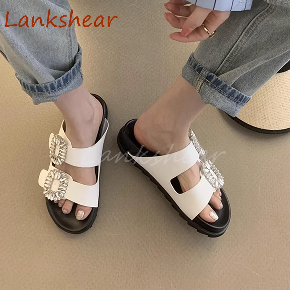 Square Button Square Diamond Women Slippers Flat Sole Solid Summer Fashion Casual Comfortable  Women Shoes 2024 New Arrivals