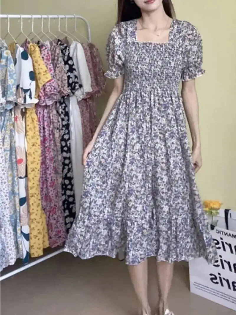 ฤดูใบไม้ผลิฤดูร้อนเอวยืดชีฟองชุดผู้หญิงชุดลำลองแฟชั่นหญิงชุดเดรสแขนสั้นจีบเอ-ไลน์เดรส 47UW