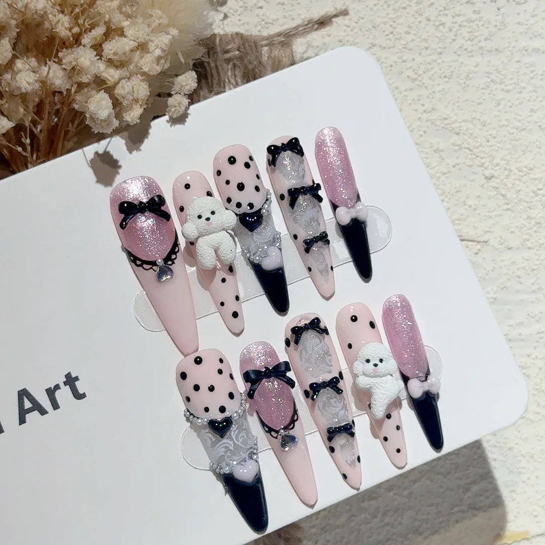 10pcs Sweet Cool Handmade Press On Nails Black Edge Lace French Cute Dog False Nails Y2k Bows Flash Pink Almond Ballet Fake Nail