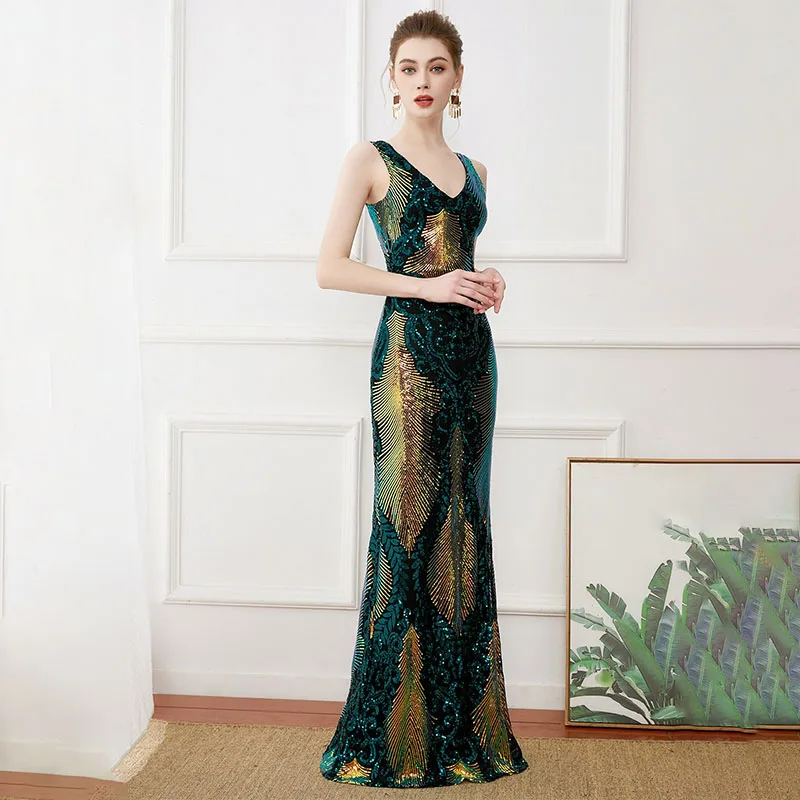 Verão sexy luxo casamento noite vestidos longos adultos mulheres vintage elegante lantejoulas sexy com decote em v sereia sem mangas vestido extravagante