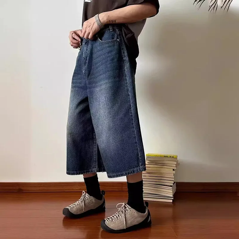 MWJLPWQ Men's Washed Retro Denim Shorts Summer Ins Trend Loose Unisex Fashion Personality Loose Casual Wide-Leg Pants New 11951