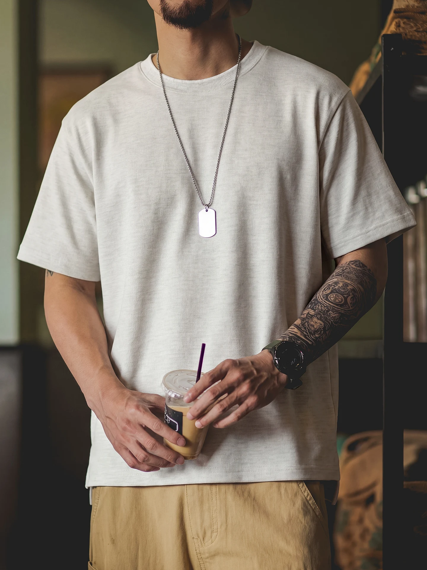 Men's Casual Cotton Pique Texture Short Sleeve T-Shirt Loose Shoulder round Neck Half Sleeve Large Size Breathable Summer Top