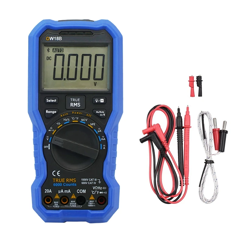 1Set OW18B Smart Digital Multimeter 20A 3 5/ 6 Digit Auto Range Bluetooth Version Data Multimeter Thermometer Blue Plastic