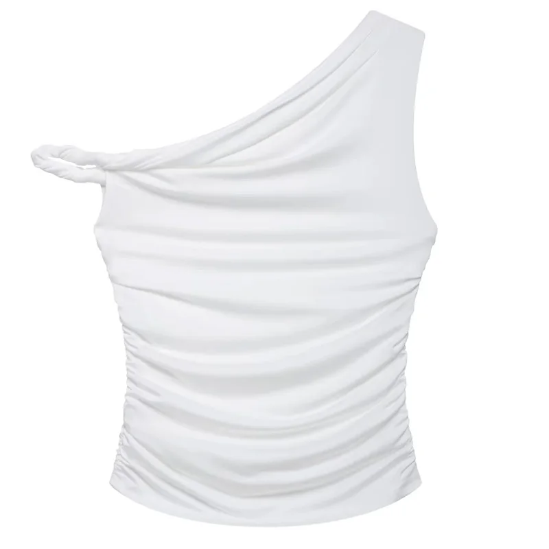 TRAF 2025 Women's Tops Off Shoulder White Crop Top Woman Summer Pleated Asymmetrical Top Women Streetwear Sexy Tight Tops