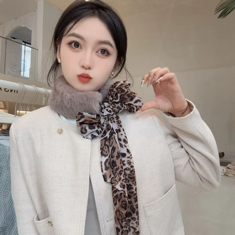 

2025Осенне-зимний новый меховой воротник с леопардовым принтом, шарф, лента, плюшевый маленький утеплитель для шеи, стильный универсальный теплый протектор для шеи High-e