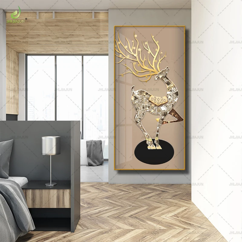 Popular New Gold Frame Golden Deer Entrance Background Crystal Porcelain Mural Home Decoration LED Wall Art