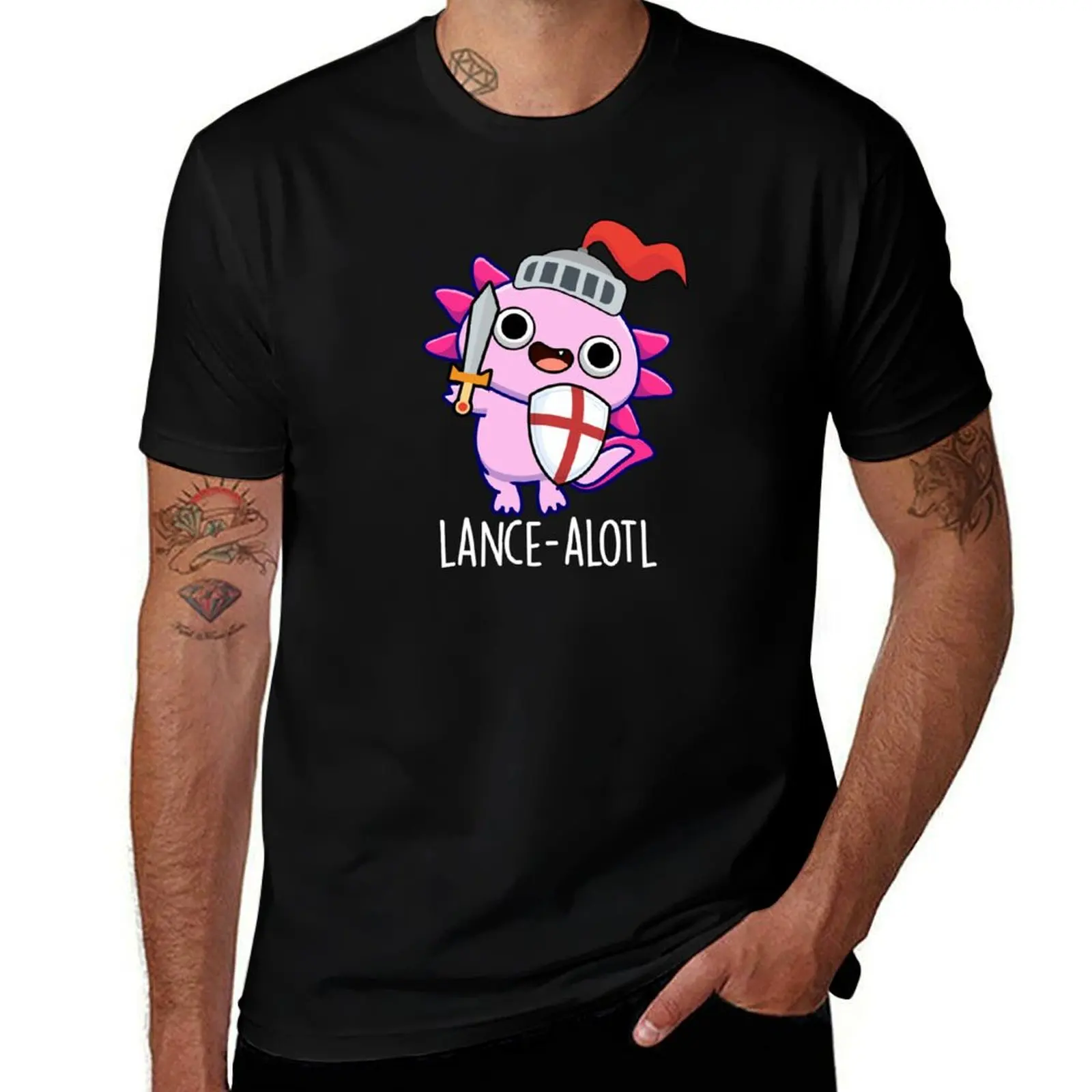 Lance-alotle Funny Axolotl Knight Puns (Dark BG) T-Shirt Outdoor Sports Short Sleeve Top