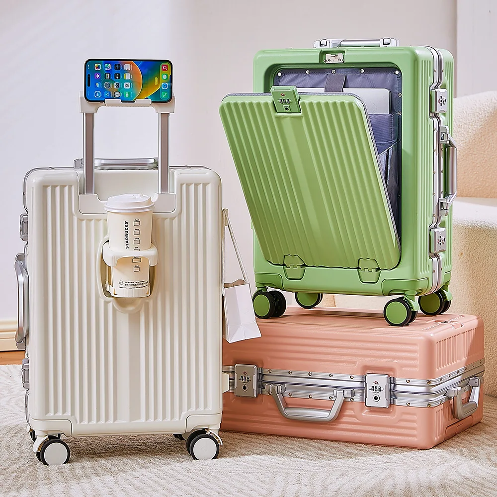 Front Opening Pocket Suitcase with Aluminum Alloy Frame Lock Trolley Bags Travel Rolling Luggage USB Charging Plug Spinner Wheel