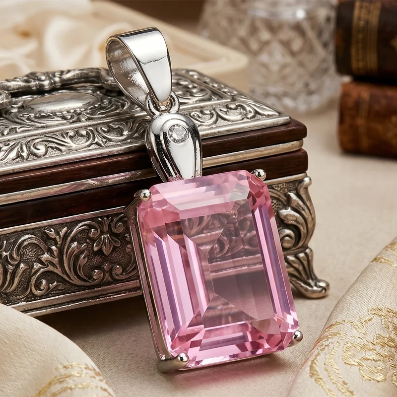 Buy 4 Get 1 Free 30x11mm Beautiful Created Pink Kunzite White CZ Girls Gift Silver Pendant