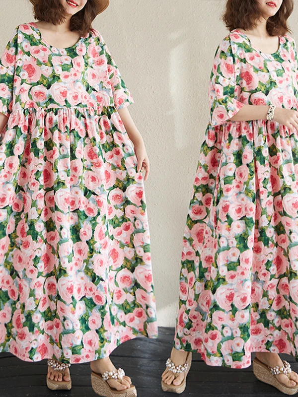 

Летнее повседневное хлопково-льняное платье миди с принтом, свободного кроя, с эффектом стройности, с розовым цветочным узором, с широким подолом, женское летнее повседневное платье с коротким рукавом