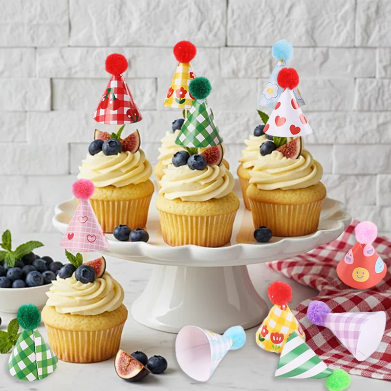 

15/30Pcs Cute Colorful Mini Paper Hat Cake Toppers With Fluffy Pom Poms Kids Birthday Party Cupcake Dessert Decor Photo Props