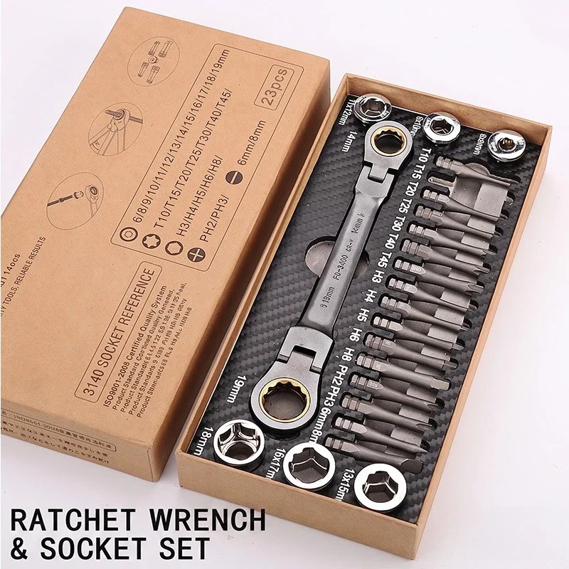 23Pcs Ratchet Wrench Socket Screwdriver Bit Set Flexible Head Spanner Phillips Hex Torx Bits Multi-functional Repair Tool Kit