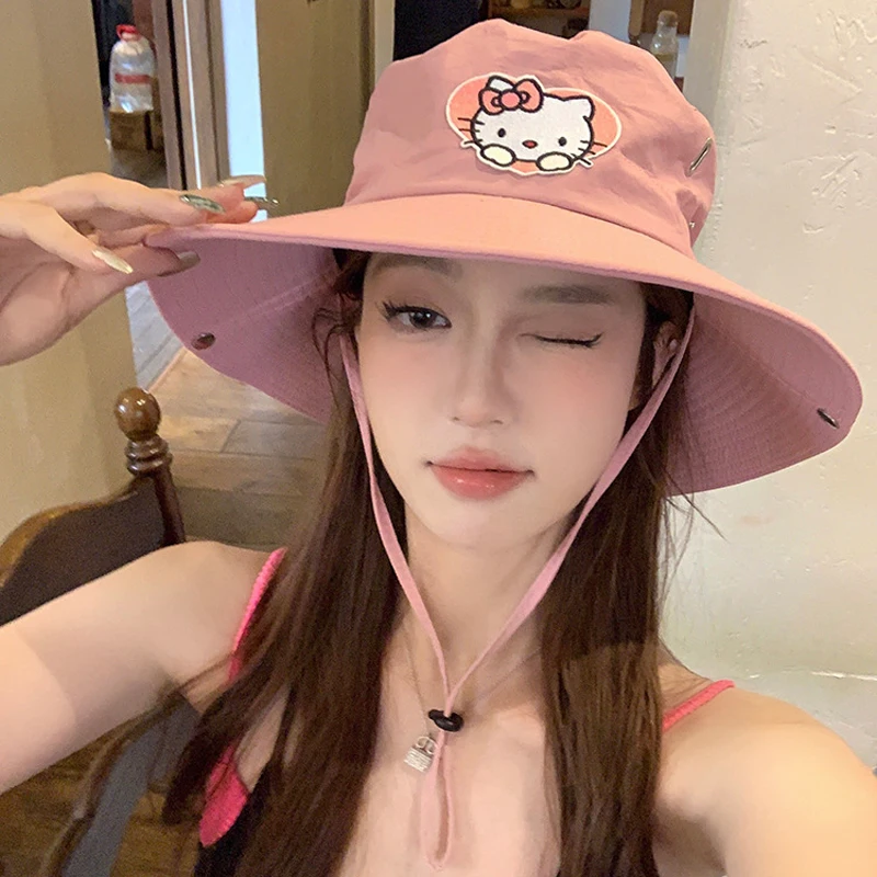 Kawaii Hello Kitty Mountaineering Hat Anime Sanrio Wide Brimmed Outdoor Women'S Sunscreen Hat Cute Girl Adjustable Fisherman Cap