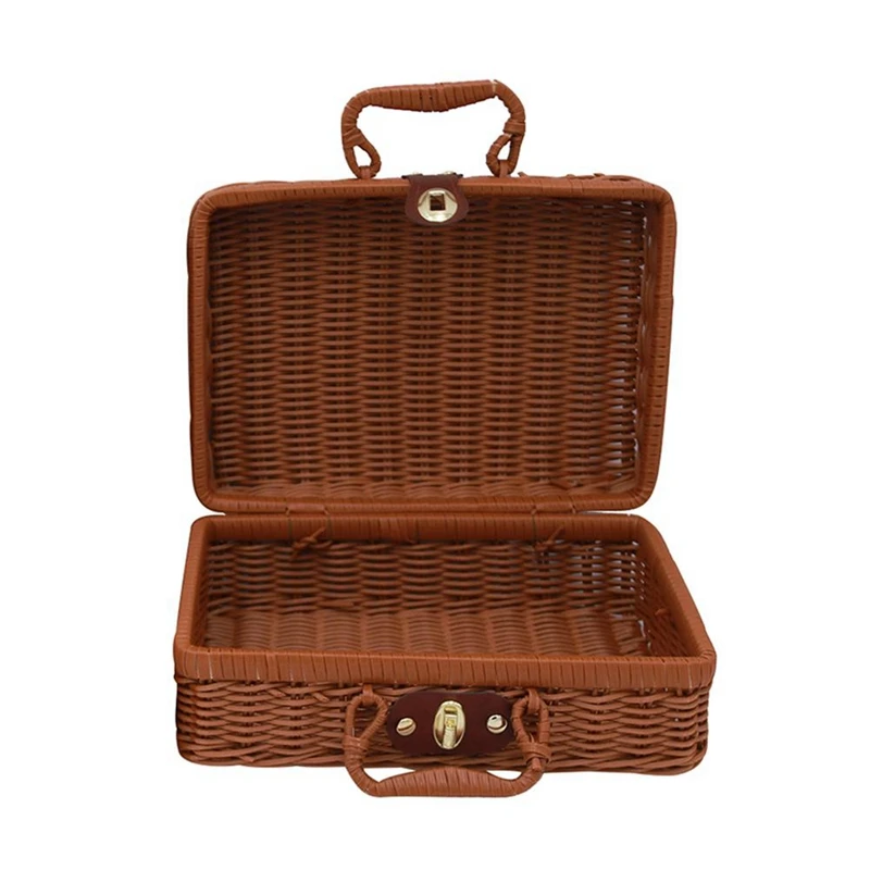 

New Square Handwoven Picnic Basket Rattan Storage Box With Handle Wicker Handbag Suitcase Vintage