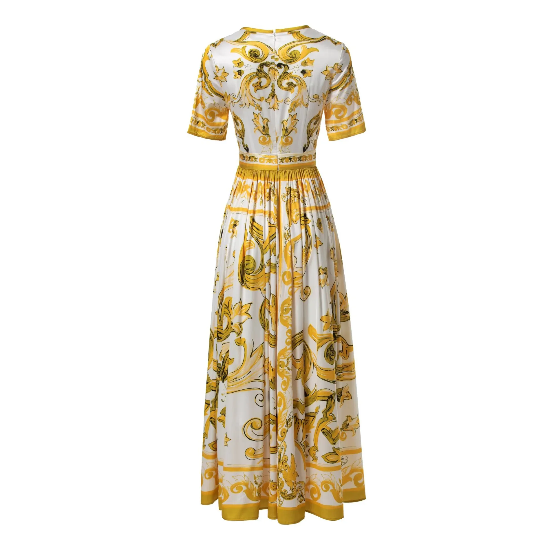 High Quality Summer New Women's Round Neck Silk Short Sleeved Yellow Flower Porcelain Printed Waist Closing Style Long Dress