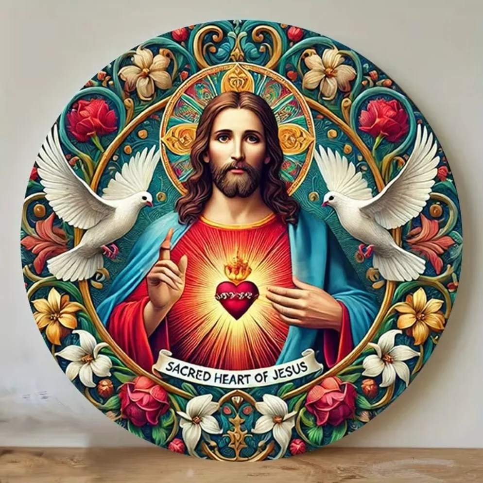 2D Flat, Sacred Heart of Jesus with White Dove & Floral Vintage Religious Wall Plaque, Gift for Church Home Cafe
