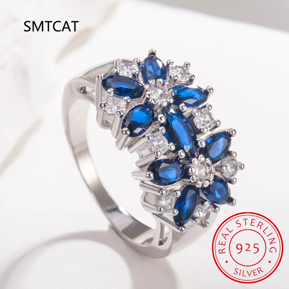 

Создано синий сапфир из стерлингового серебра 925 пробы с цветком, кольцо Anillos De Prata для женщин, роскошные ювелирные изделия с драгоценными камнями, свадебный подарок