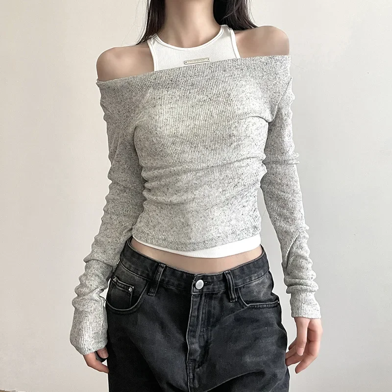 Retro slim-fit vest pile collar design sense two-piece top women 2023 slim-fit off-the-shoulder knitted long-sleeved T-shirt