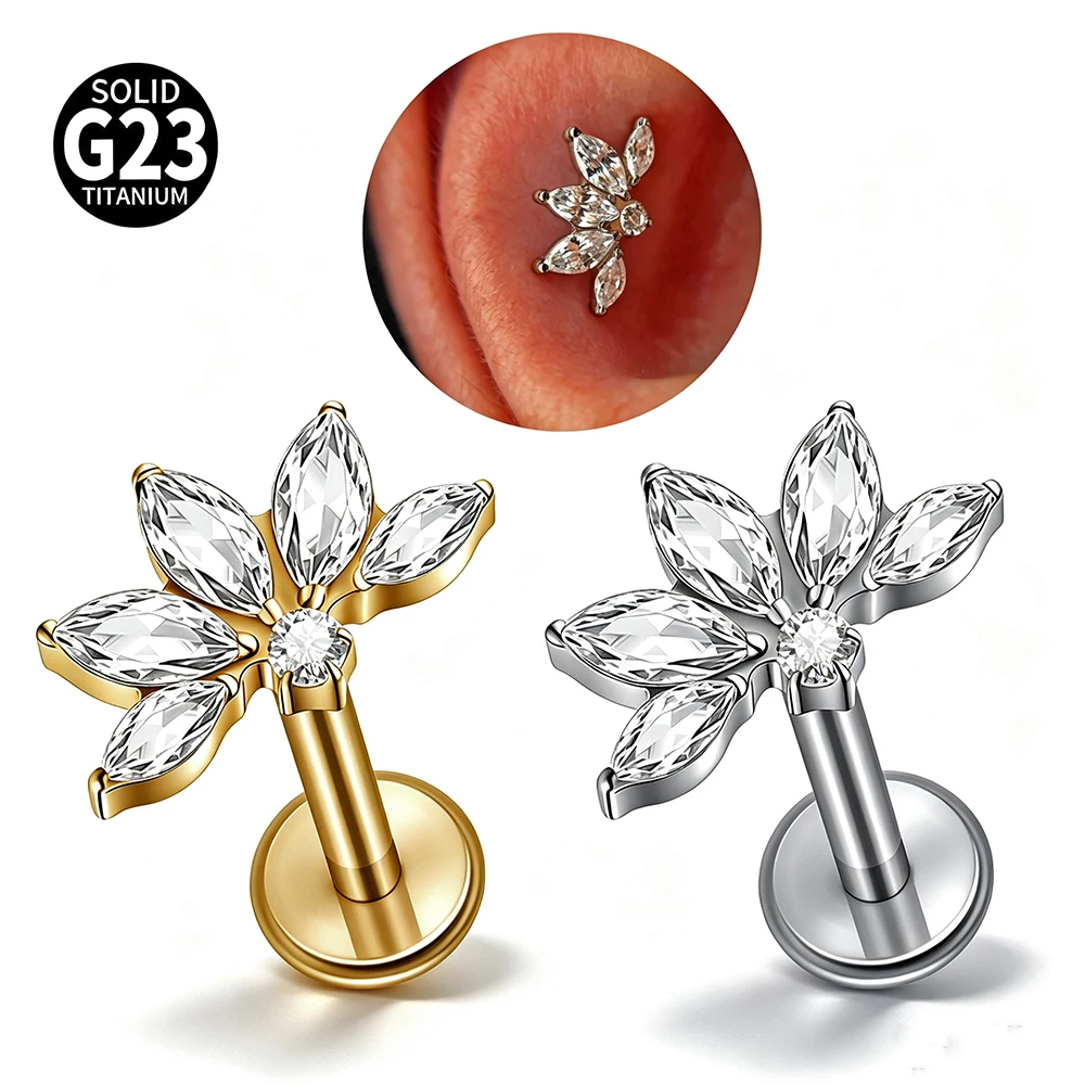1PC G23 Titanium 5 Marquise Zircon Flower Labret Lip Ring Internal Thread Tragus Helix Conch Flat Earrings Piercing Jewelry 16G