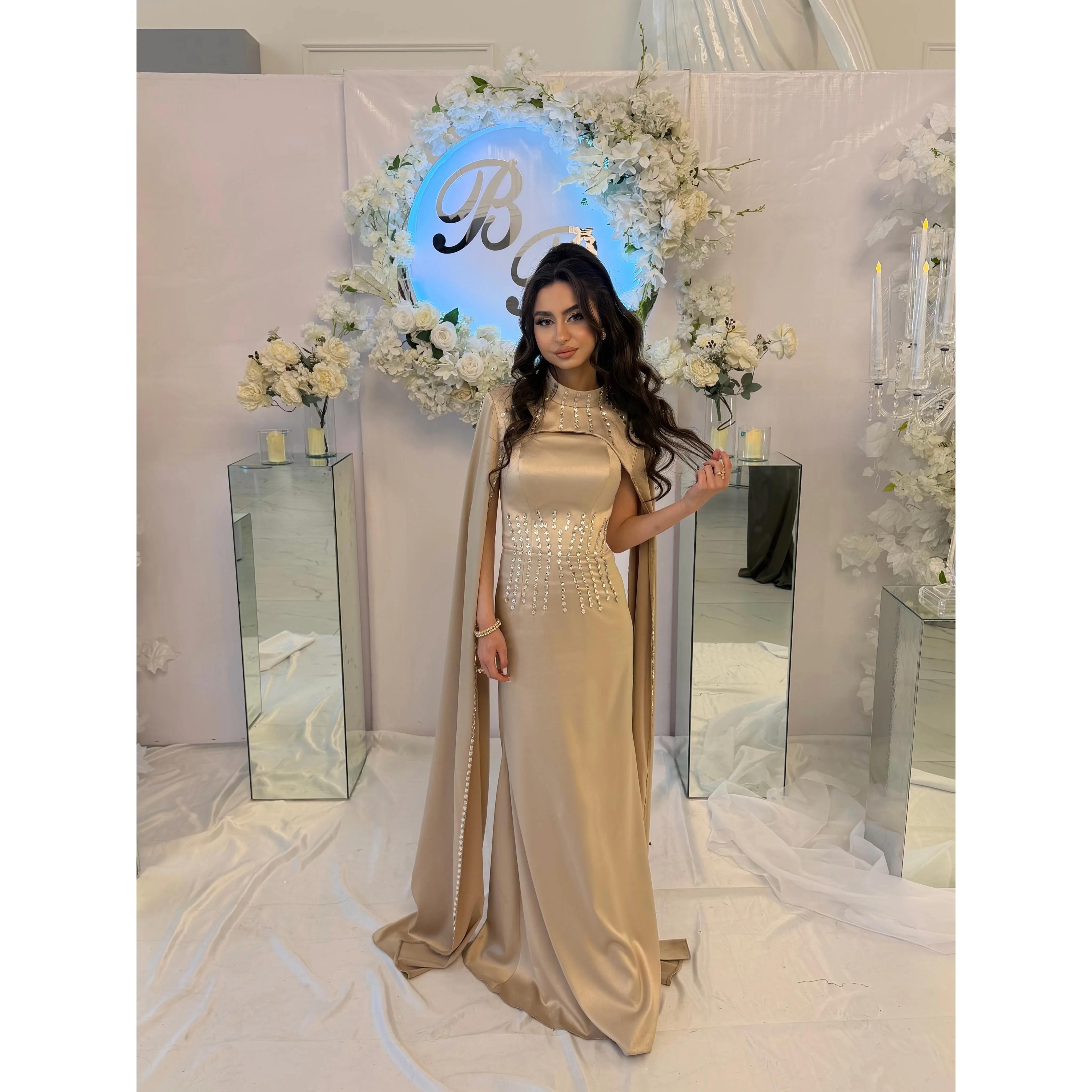 Lucy Satin High champagne Straight Evening Dress 2026 Prom Dress Elegant Luxury Formal Sequined Customized Robes de Soirée