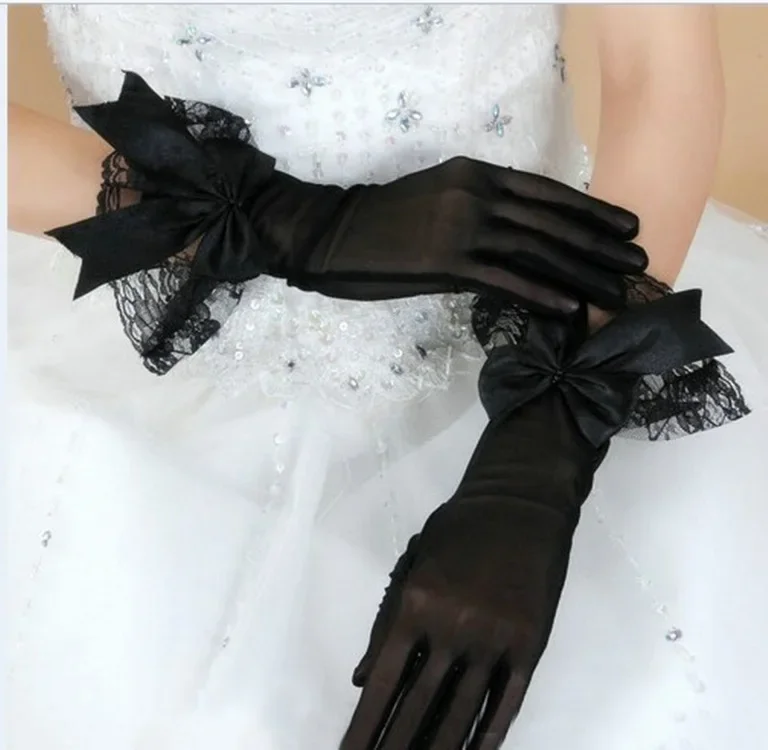 ถุงมือยาวข้อมือ Organza สีดําพร้อมลูกไม้/โบว์ 2022