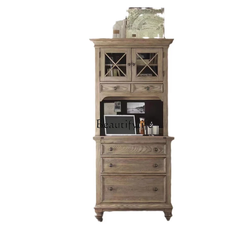 

American solid wood oak file cabinet bookshelf flap multi-functional desk integrated computer desk