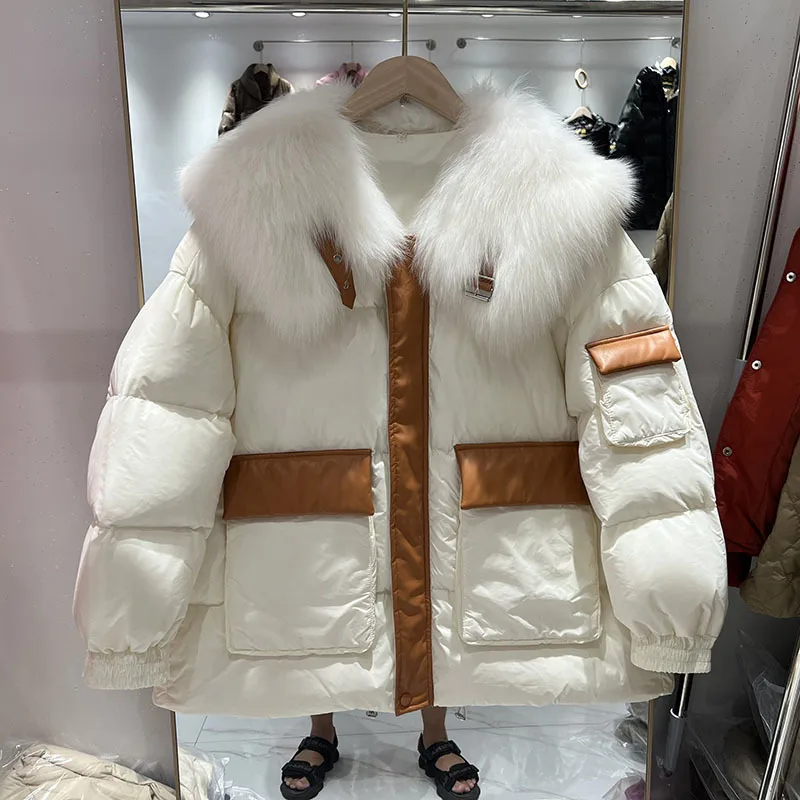 New Down Jacket Women Patchwork Real Fox Fur Collar Mid-Length Parka White Duck Down Casual Coats