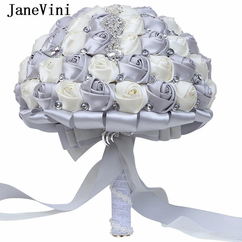 JaneVini Shiny Silver Ivory Crystal Rhinestones 30cm Wedding Bouquets Big Artificial Flower Bride Bouquet Large Ribbon Brooches