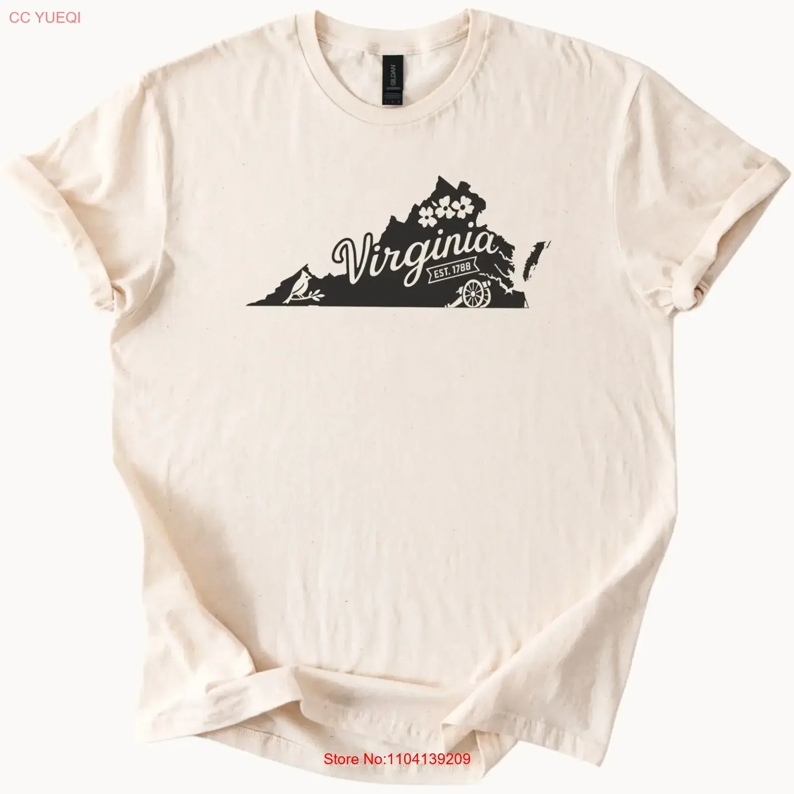 Virginia State Outline T Shirt with Cardinal Dogwood Flowers Cannon Art vintage Washed graphic Unisex fashion
