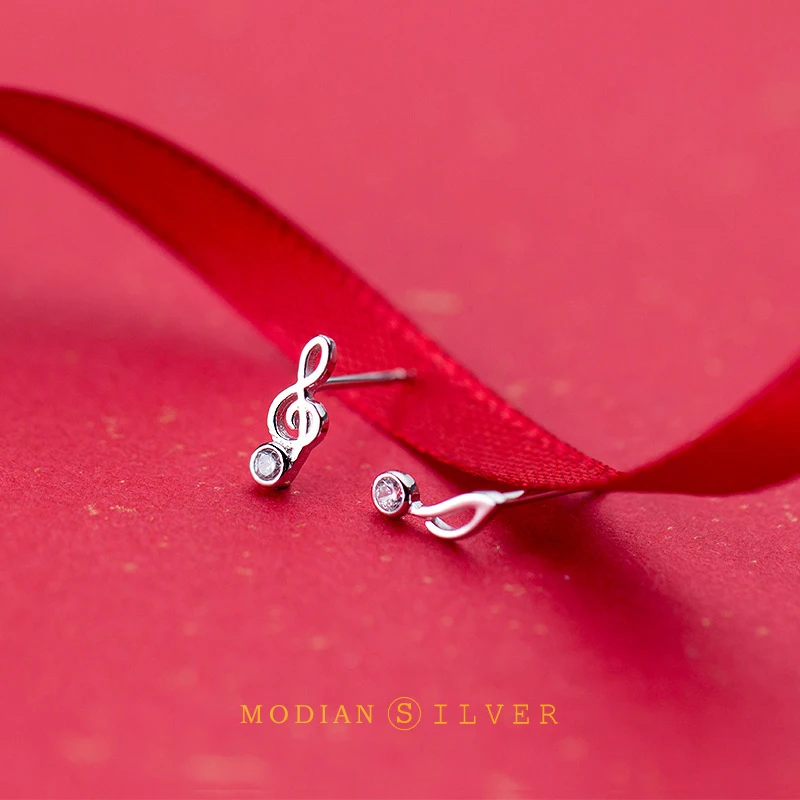 Modian Real 925 Sterling Silver Luminous CZ Cute Musical Note Asymmetry Stud Earring for Women Anti-Allergy Ear Pin Fine Jewelry
