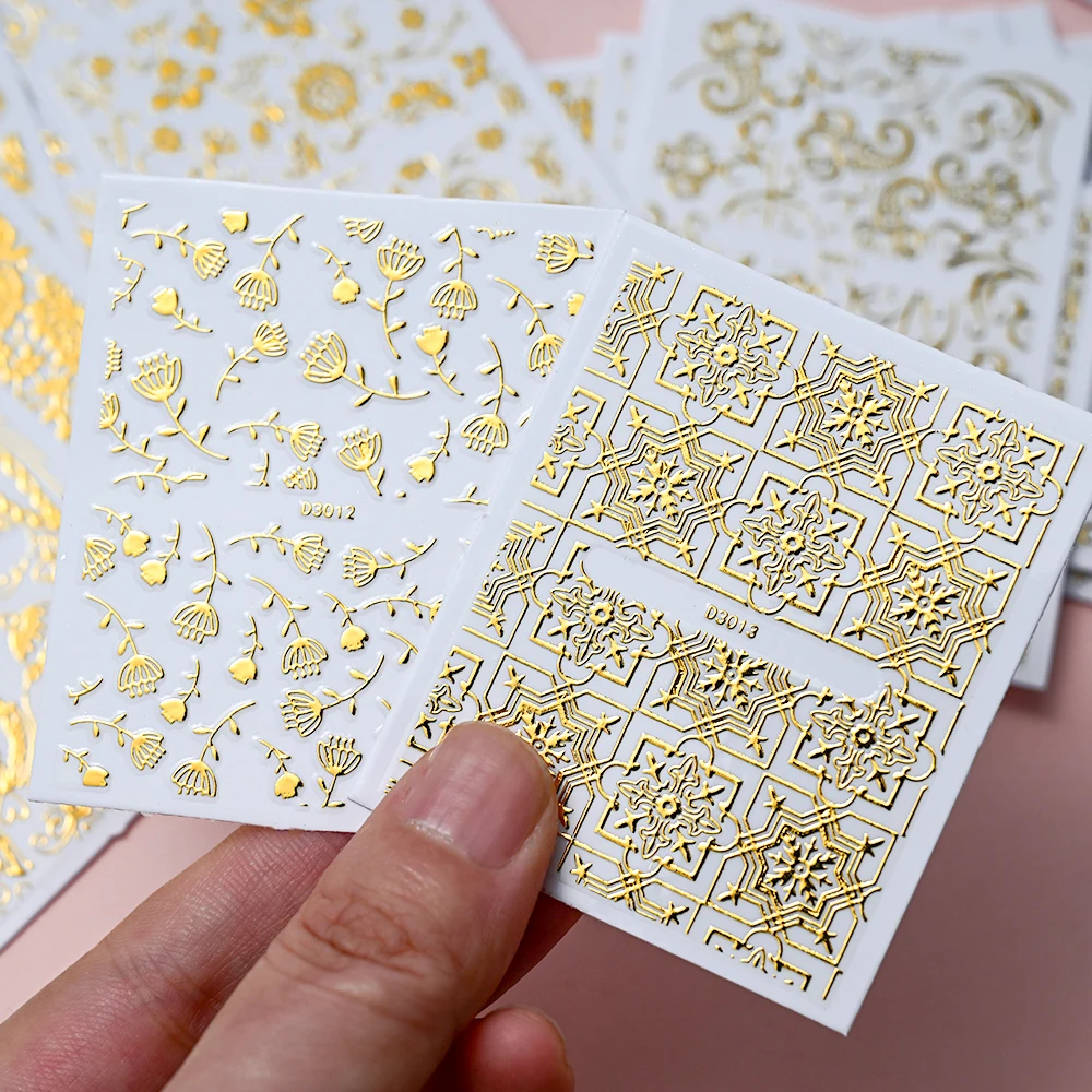 30 Sheets Gold Metallic Flowers Vine Nail Art Decals  3D Lace Flower Nail Sticker Self-Adhesive Nail Art Decoration 5.5*6.5cm