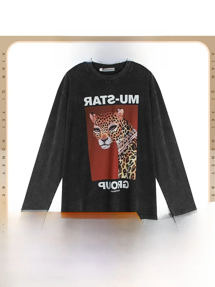 

Diamond Leopard Print Long Sve T-irt Women's Bla ey Casual Sle Loose Fit Spring 2026 New Arrival Comfortable Breat...