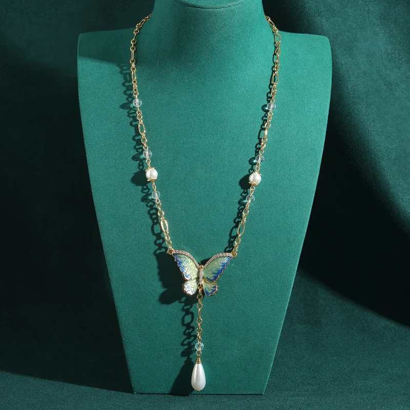 

Vintage Orchid Butterfly Necklace Blue Enamel Pendant Pearl Accessories For Women Party Luxury Brand Designer Jewelry 2025 New