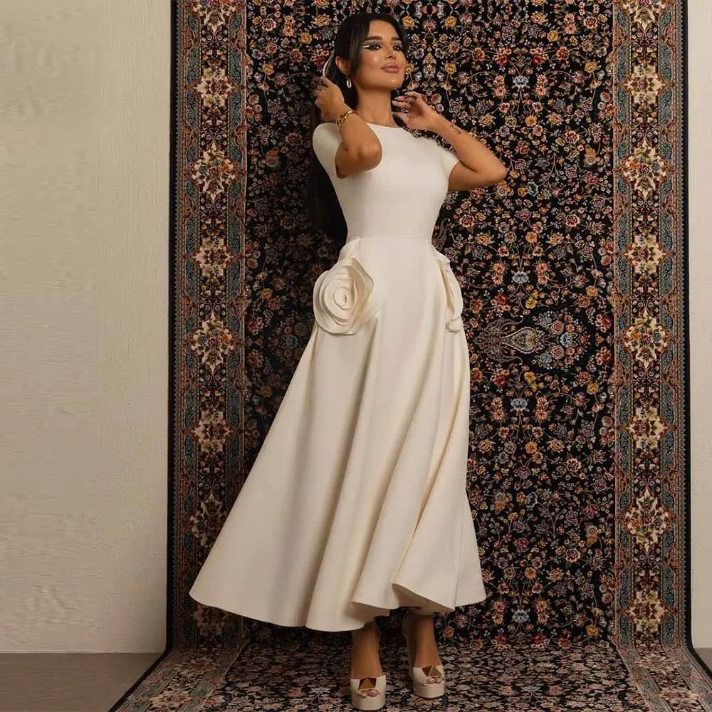 Dubai Damen-Cocktailparty-Kleider, Jersey-A-Linie, Ballkleid, Elfenbein, O-Ausschnitt, 3D-Blumen, gerüschte Ballkleider für Damen, Midi 2023