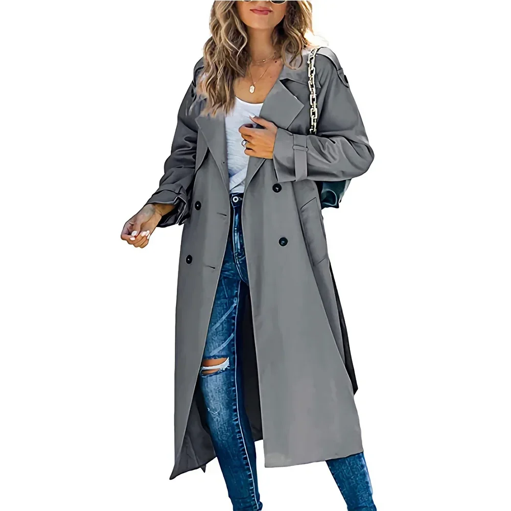 Women\'s Windbreaker Coat Fashion Long Pocket Lapel Button Windbreaker British Style Over The Knee Long Coat Office Commuter Wear