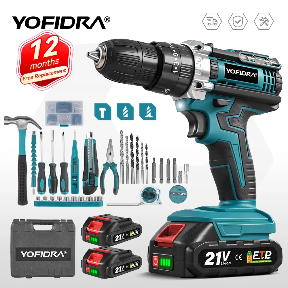 YOFIDRA 3/8" 25+3 Drehmoment Elektrischer Schlagbohrer Kabelloser Multifunktions-Bohrer Schraubendreher Elektrowerkzeug für Makita 21V Akku