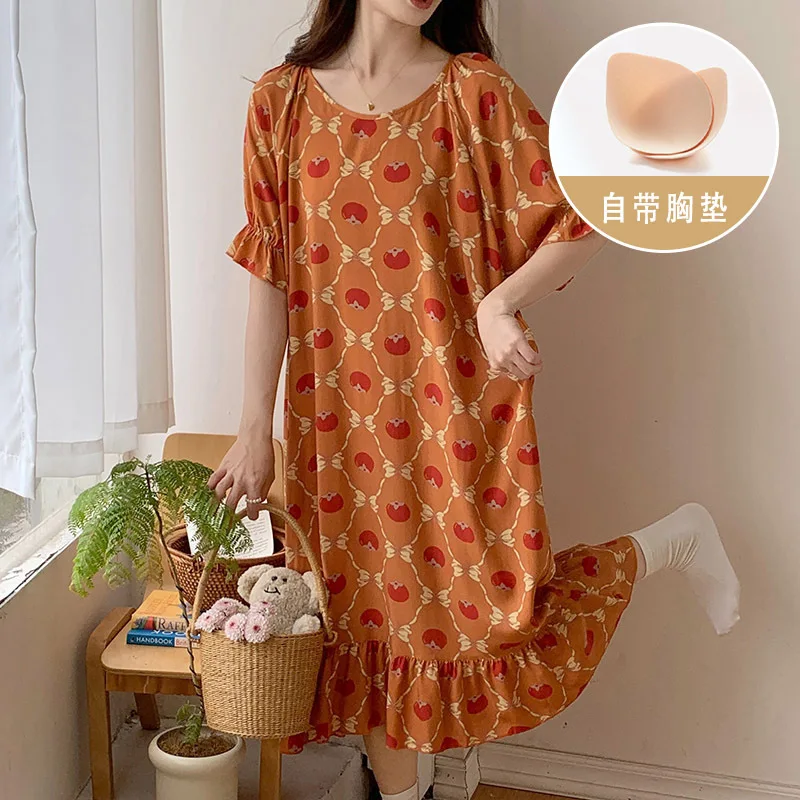 Night Dress Women Loose Printed Cotton Rayon Thin Sleepwear Short Sleeve Ladies Nightgowns Chest Pad Lounge Wear Nightdress