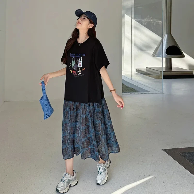 女性用ルーズTシャツドレス,花柄パッチワーク,黒婦人服,新品,夏,ke6834,2020