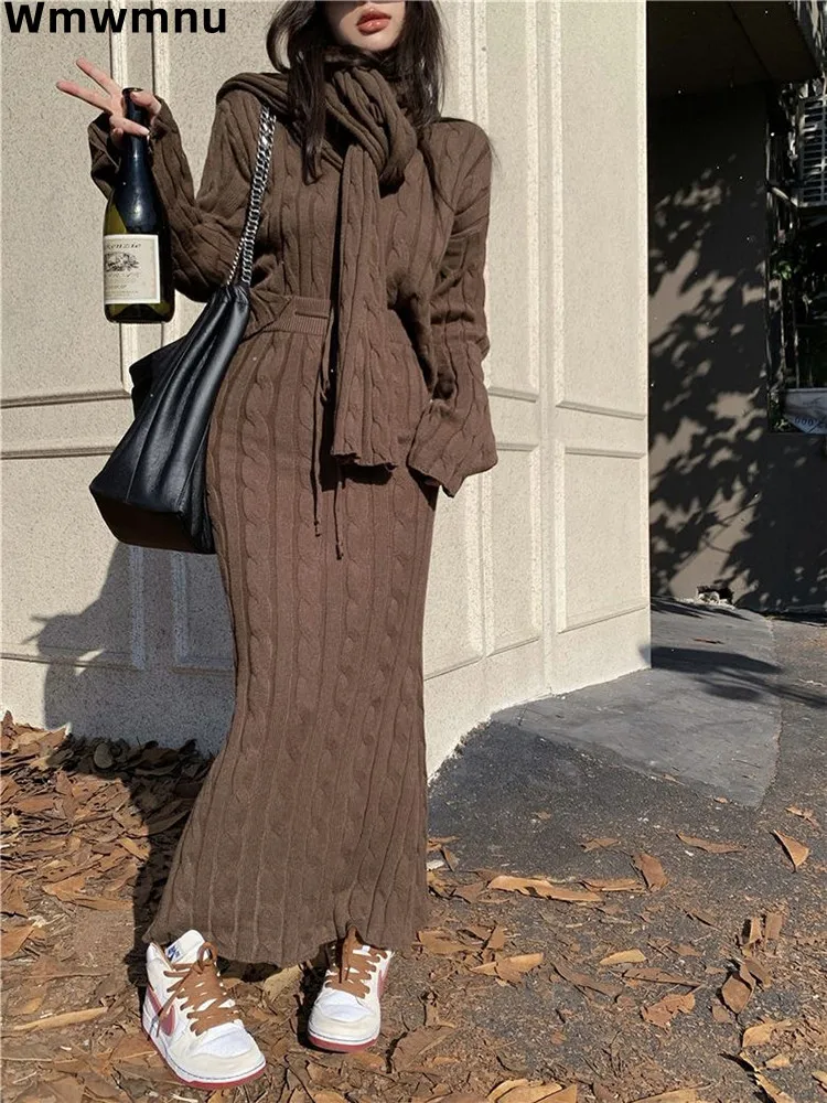 

Korea Vintage Brown Women Knitted 3 Piece Sets With Scarf O-neck Sweater Tops Ensemble Slim Lace-up High Waist Skirts Conjunto