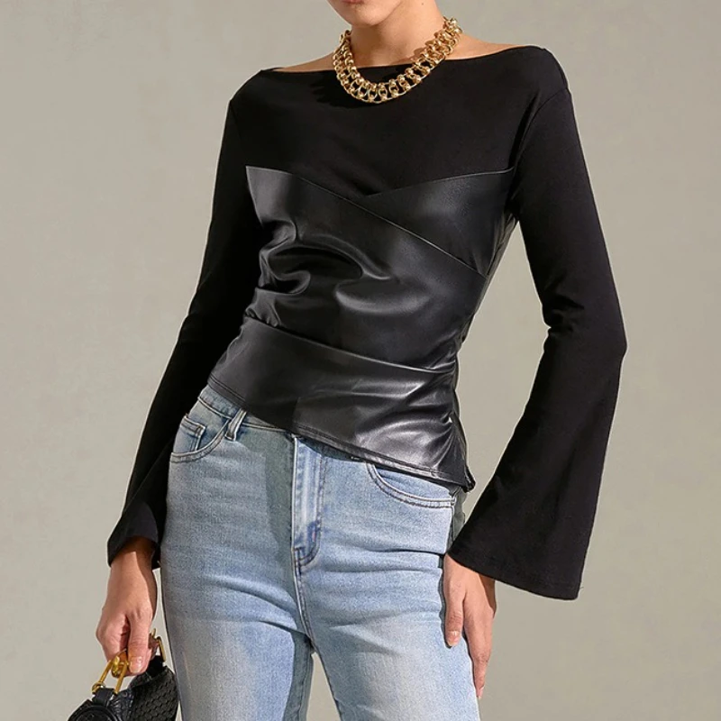 

Autumn New Women's Versatile Solid Color Horn Sleeve Imitation Leather Splicing Knitted Top