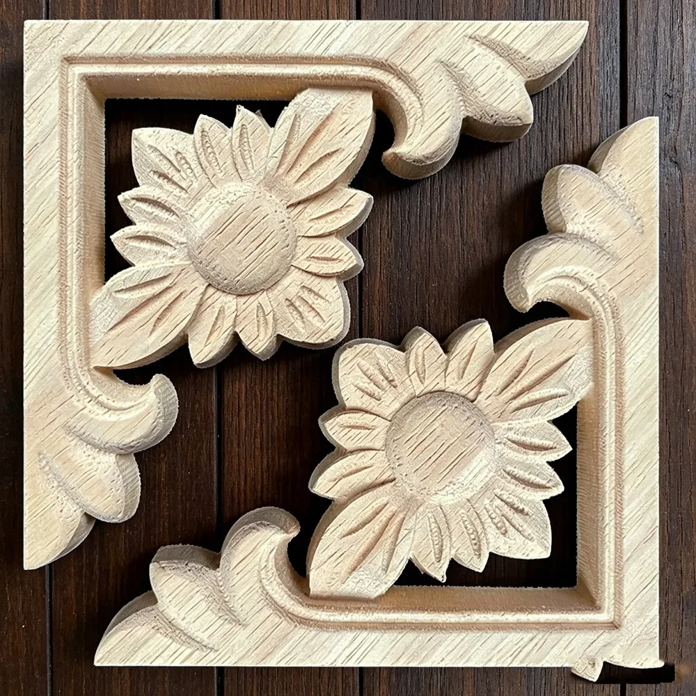 10PCS Solid Wood Door Heart Flower Decor Oval Decal Vintage Carved Applique Onlay Woodcarving Hollow Lace Furniture Ornament