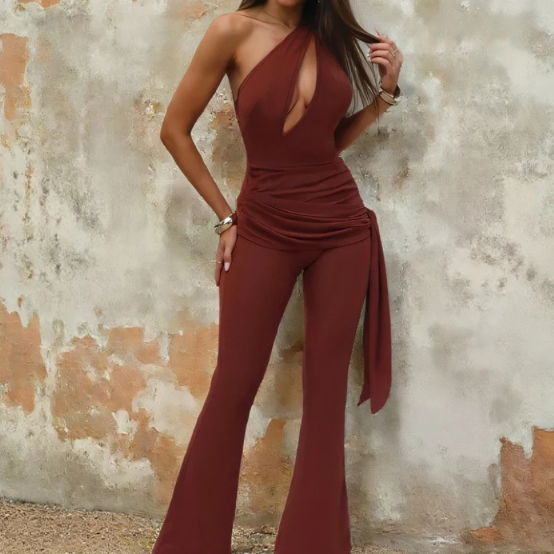 New Personalized Fashion Sports Casual Slanted Shoulder Slim Streamer Jumpsuit