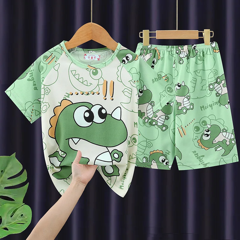 Conjunto de ropa para el hogar de manga corta para niños, traje fino holgado de dibujos animados para niños y niñas, combina con ropa cómoda para niños
