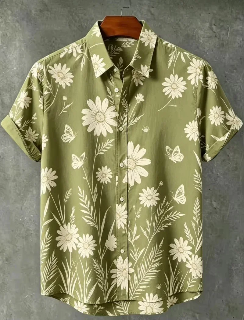 Four Season Versatile and Simple Floral Print Shirt with Low Saturation Sketching Floral Leaves Youth Loose Short Sleeved Shirt