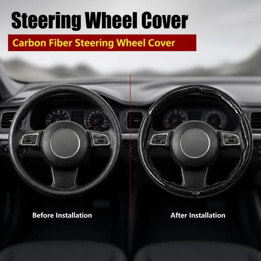 Anti-Slip Carbon Fiber Steering Wheel Cover 3PCS Set Universal 14-16 Inch Scratch-Resistant Car SUV Truck Interior Accessories 4