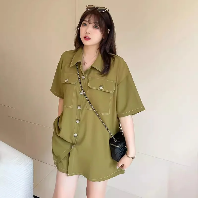 2024 Summer New Loose Versatile Women Wear Slim and Explosive Street Fashion Set Shirt Shorts Two piece Set Solid Color Commuter