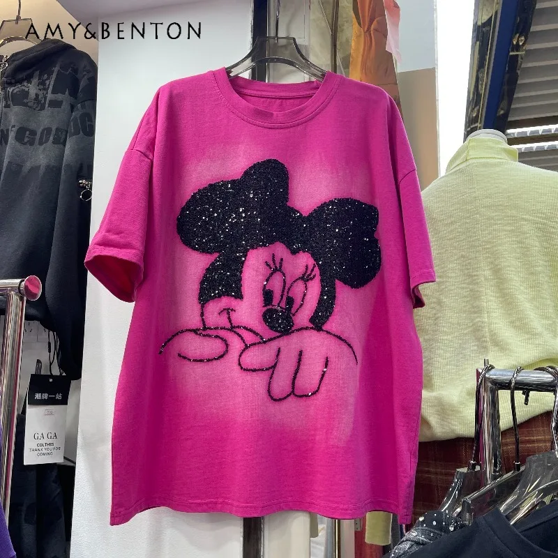 النمط الأوروبي أوائل ربيع 2026 المرأة Y2k تي شيرت جديد الثقيلة نحى الكرتون تنقش فضفاض منتصف طول بلايز البلوفرات #1